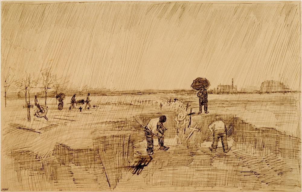 Vincent van Gogh, Friedhof im Regen (Begräbnis,Friedhof,Grab,Kunst,Mensch,Meteorologie,Regen,Tod,Totengräber,Wetter,Impressionismus,Niederländische Kunst,Grabkreuz,Massengrab,Anonymität,Sargträger,Armengrab,Graben (Tätigkeit))