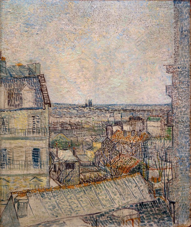 Vincent van Gogh, Blick aus dem Fenster der Wohnung in der Rue Lepic (Haus,Kunst,Landschaft,Stadt,Urbanistik,Impressionismus,Grossstadt,Stadtansicht,Architekturdarstellung,Blick Aus Dem Fenster,Niederländische Kunst,Holländische Kunst,Ansicht,Dachlandschaft,Stadtlandschaft,Postimpressionismus,Ausblick)