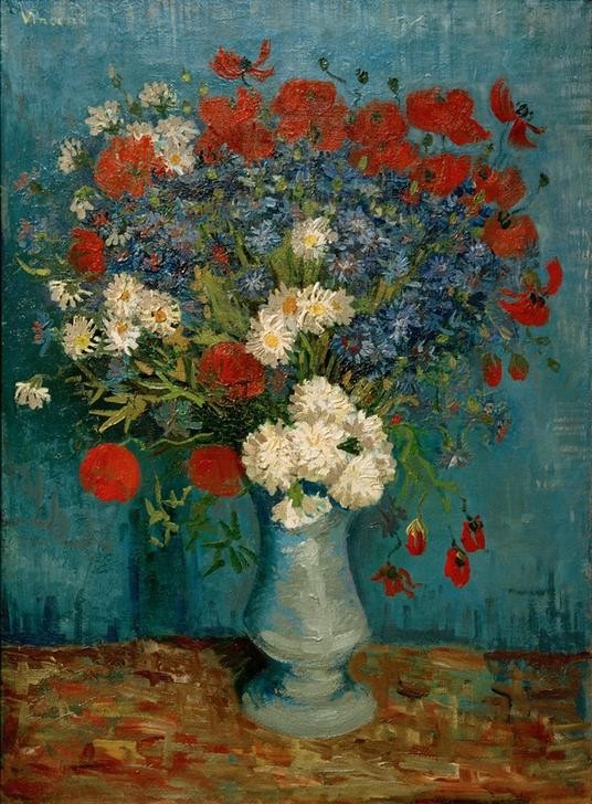 Vincent van Gogh, Stillleben: Vase mit Kornblumen und Mohnblumen (Botanik,Kunst,Kornblume,Impressionismus,Mohn,Stillleben,Blumenstrauss,Vase,Niederländische Kunst,Blume)