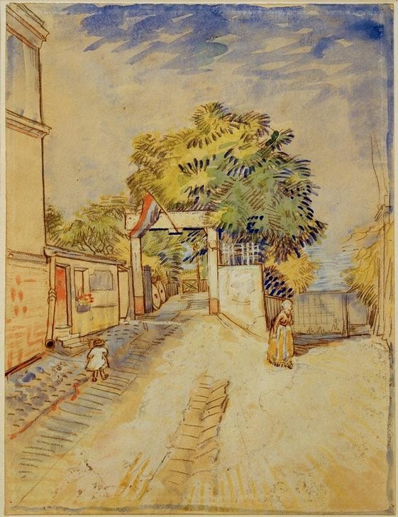 Vincent van Gogh, Eingang zum Moulin de la Galette (Ausflugslokal,Gastronomie,Geographie,Kunst,Impressionismus,Restaurant,Architekturdarstellung,Niederländische Kunst,Topographie,Eingang)