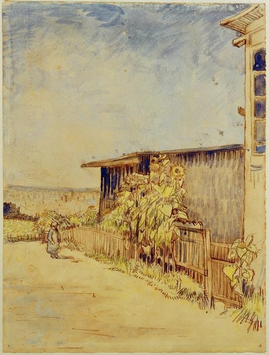 Vincent van Gogh, Schuppen mit Sonnenblumen (Kind,Kunst,Sonnenblume,Impressionismus,Architekturdarstellung,Gartenzaun,Niederländische Kunst,Schuppen (Gebäude),Garten)