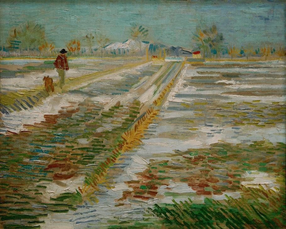 Vincent van Gogh, Landschaft mit Schnee (Landschaft,Spaziergang,Winter,Impressionismus,Schnee,Herr Und Hund,Acker,Niederländische Kunst,Feld)