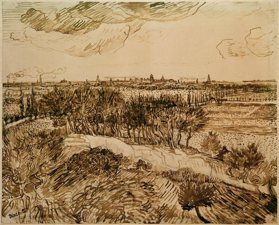 Vincent van Gogh, Blick auf Arles vom Montmajour aus (Geographie,Kunst,Landschaft,Urbanistik,Impressionismus,Stadtansicht,Niederländische Kunst,Topographie)