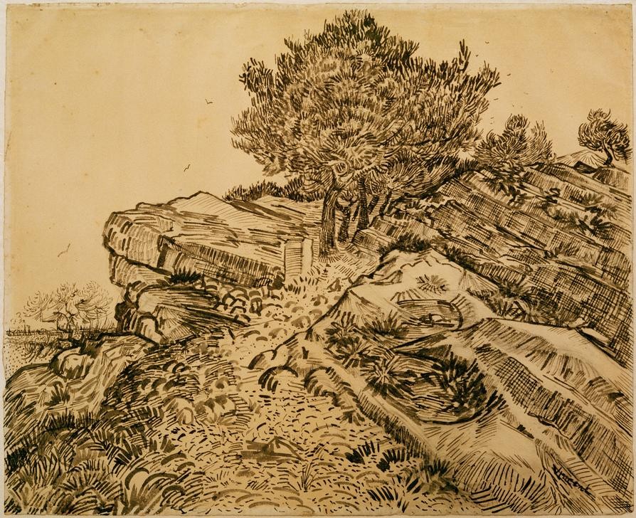 Vincent van Gogh, Der Felsen von Montmajour mit Pinien (Landschaft, Felsen, Klippe, Baum, Pinie, Studie, mediterran, Klassische Moderne, Impressionismus, Wohnzimmer, Treppenhaus, Wunschgröße,)