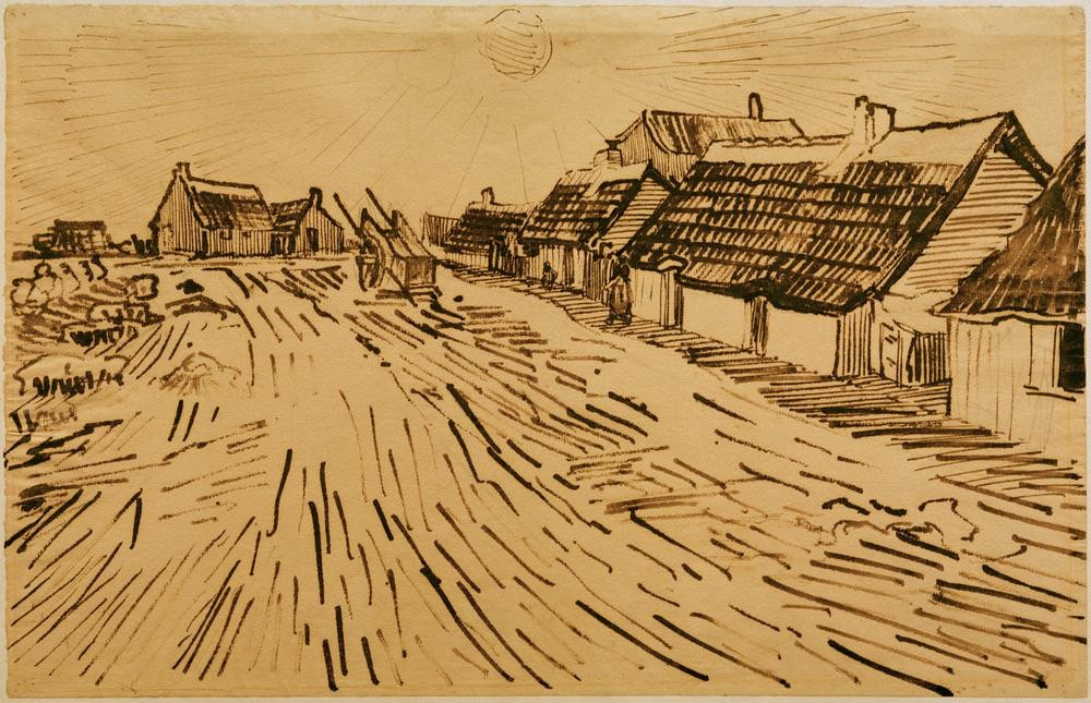 Vincent van Gogh, Sonnenbeschienene Häuser in Les Saintes-Maries-de-la-Mer (Dorf, Häuser, Hütten,  Dorfstraße, Studie, mediterran, Klassische Moderne, Impressionismus, Wohnzimmer, Treppenhaus, Wunschgröße,)