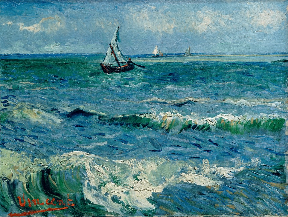 Vincent van Gogh, Boote auf See, Les Saintes-Maries-de– la-Mer (Boot,Himmel (Natur),Kunst,Landschaft,Schiff,Wolke,Fischerboot,Meer,Impressionismus,Segelboot,Niederländische Kunst,Holländische Kunst,Welle,Horizont,Postimpressionismus,Signatur,Schifffahrt)