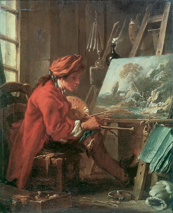 Francois Boucher, Le Peintre dans son atelier (Atelier,Kopfbedeckung,Künstler,Maler (Künstler),Mann,Staffelei,Hut,Selbstbildnis,Künstler Bei Der Arbeit,Rokoko,Bild Im Bild,Portrait,Palette,Französische Kunst,Pinsel,Tageslicht,Bescheidenheit,Junger Mann)