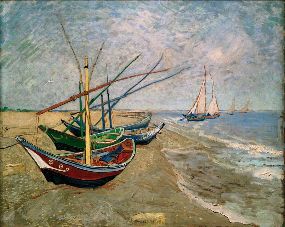 Vincent van Gogh, Fischerboote am Strand von Les Saintes-Marie-de-la-Mer (Boot,Fischerei,Küste,Kunst,Landschaft,Schiff,Schiffstypen,Strand,Fischerboot,Meer,Impressionismus,Segelboot,Niederländische Kunst,Holländische Kunst,Postimpressionismus,Schifffahrt)