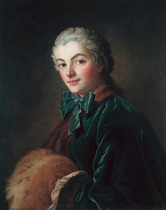 Francois Boucher, Jeune femme au manchon (Damenmode,Frau,Kunst,Mensch,Mode,Rokoko,Portrait,Muff,Französische Kunst,Lächeln,Schleife,Junge Frau,Blick Aus Dem Bild,Pelzbesatz,Blick (Allgemein))