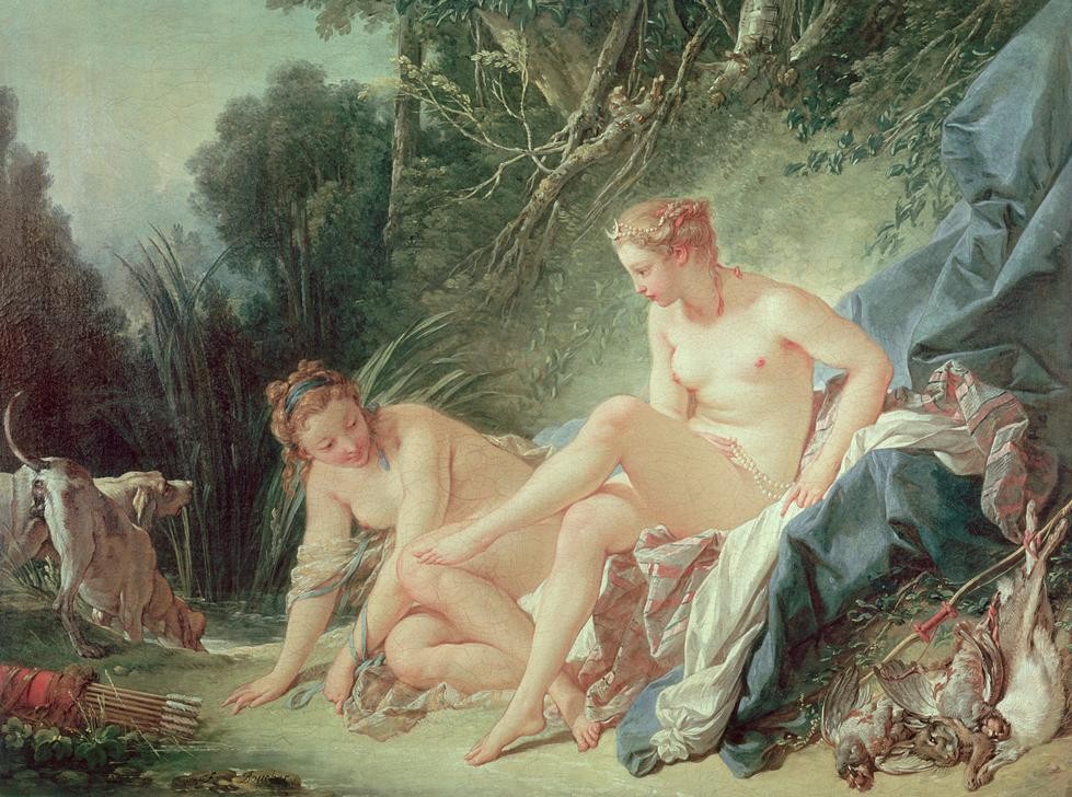 Francois Boucher, Bain de Diane (Bad Im Freien,Bad,Frau,Jäger,Jagd,Mädchen,Mythologie,Pfeil,Römisch,Hund,Akt,Rokoko,Portrait,Jagdhund,Köcher,Französische Kunst,Götter,Schilf,Göttin,Kopf,Jagdstillleben,Griechisch-Römische Mythologie)