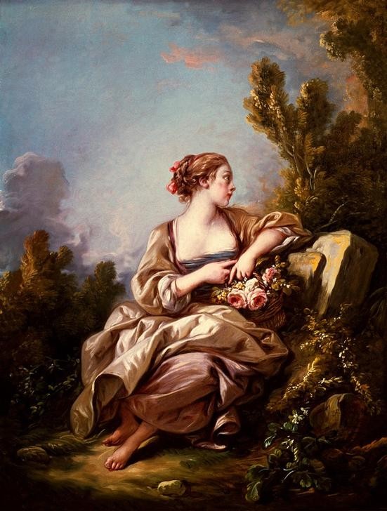 Francois Boucher, La petite jardinière (Frau,Kunst,Landschaft,Mensch,Park,Rose,Stein,Dekollete,Rokoko,Portrait,Französische Kunst,Barfuss,Profil,Blumenkorb,Blume,Junge Frau,Haarband,Gärtnerin,Garten)