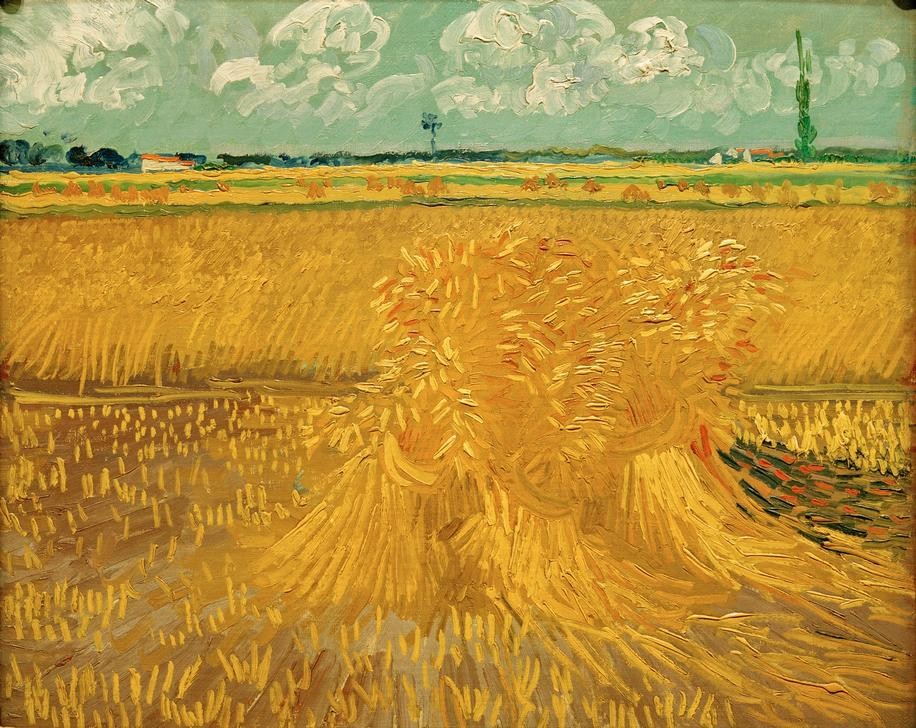 Vincent van Gogh, Weizenfeld mit Kornbündel (Ackerbau,Ernte,Getreideanbau,Kunst,Landschaft,Weizen,Impressionismus,Getreide,Niederländische Kunst,Feld,Holländische Kunst,Getreidefeld,Garbe,Postimpressionismus,Landwirtschaft,Korn (Getreide))