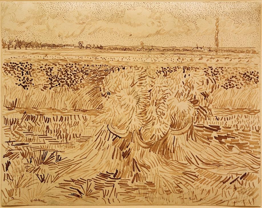Vincent van Gogh, Weizenfeld mit Kornbündel (Ernte,Getreideanbau,Kunst,Landschaft,Weizen,Impressionismus,Getreide,Niederländische Kunst,Feld,Getreidefeld,Garbe,Landwirtschaft)