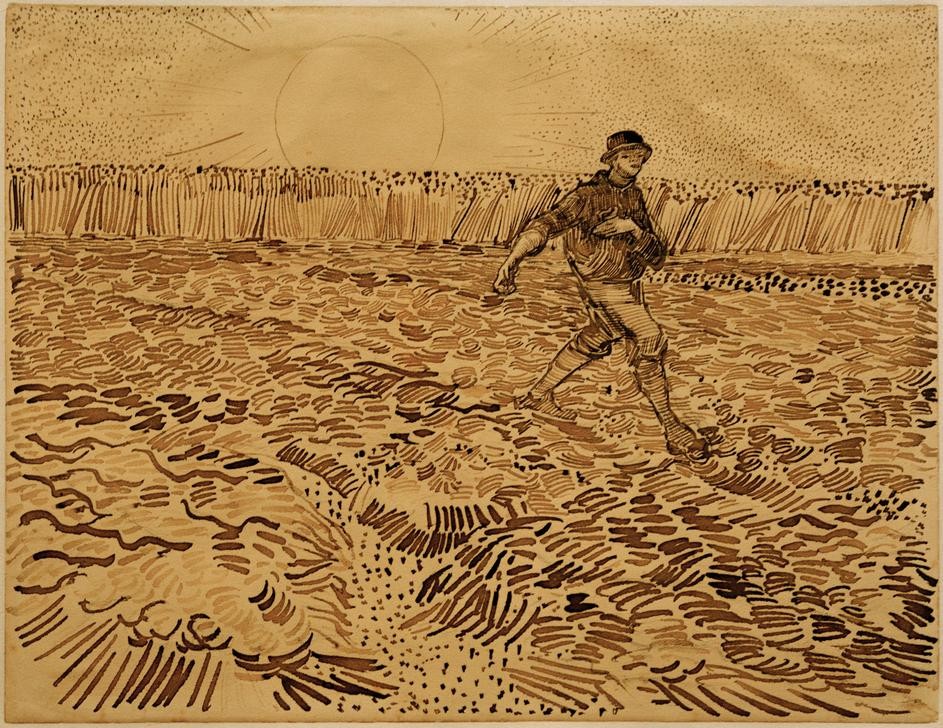 Vincent van Gogh, Der Sämann (Ackerbau,Bauer (Landwirt),Kunst,Sonnenuntergang,Tageszeiten,Abend,Impressionismus,Acker,Niederländische Kunst,Sämann,Landleben,Getreidefeld,Landbevölkerung,Säen,Landwirtschaft)