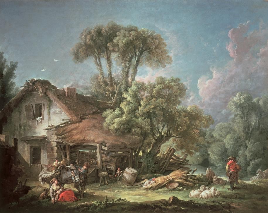 Francois Boucher, Le matin (Bauernhaus,Familie,Haus,Kind,Kunst,Landschaft,Tageszeiten,Morgen,Rokoko,Esel,Schaf,Französische Kunst,Landbevölkerung,Schäfer)