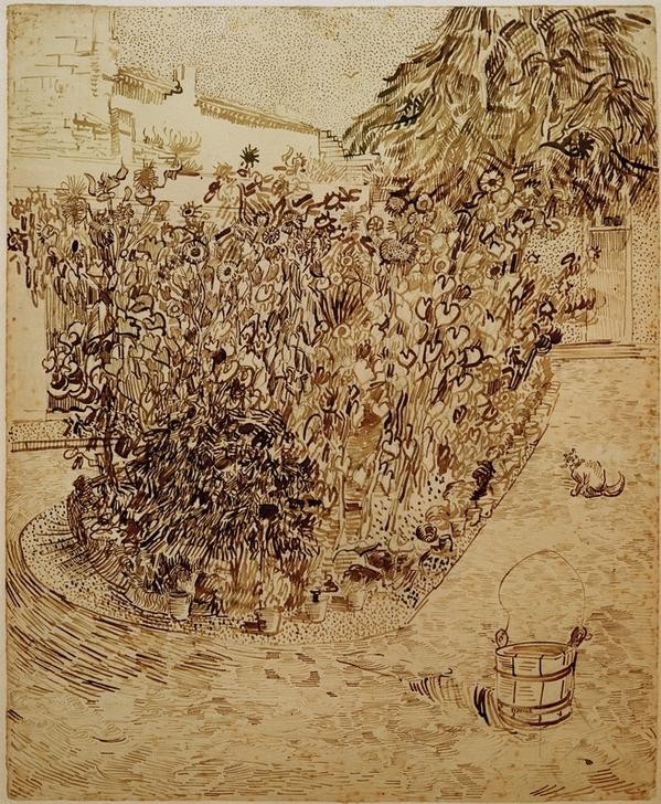 Vincent van Gogh, Garten einer Badeanstalt (Badeanstalt, Garten, Bottich, Eimer, Blumenbeet, Katze,  Studie, mediterran, Klassische Moderne, Impressionismus, Wohnzimmer, Treppenhaus, Wunschgröße,)