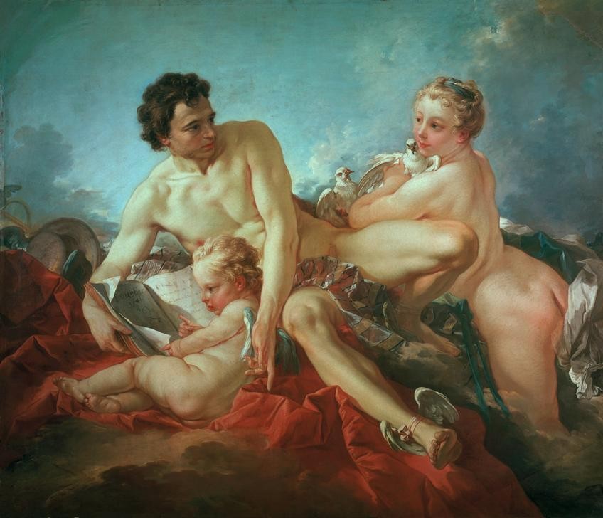 Francois Boucher, Die Erziehung Amors (Erotik, Götter, Venus, Merkur, Lesenlernen, Mythologie, Taube, Aktmalerei, Rokoko, Antikenrezeption, Klassiker, Wunschgröße, Wohnzimmer, Schlafzimmer, Malerei, bunt)