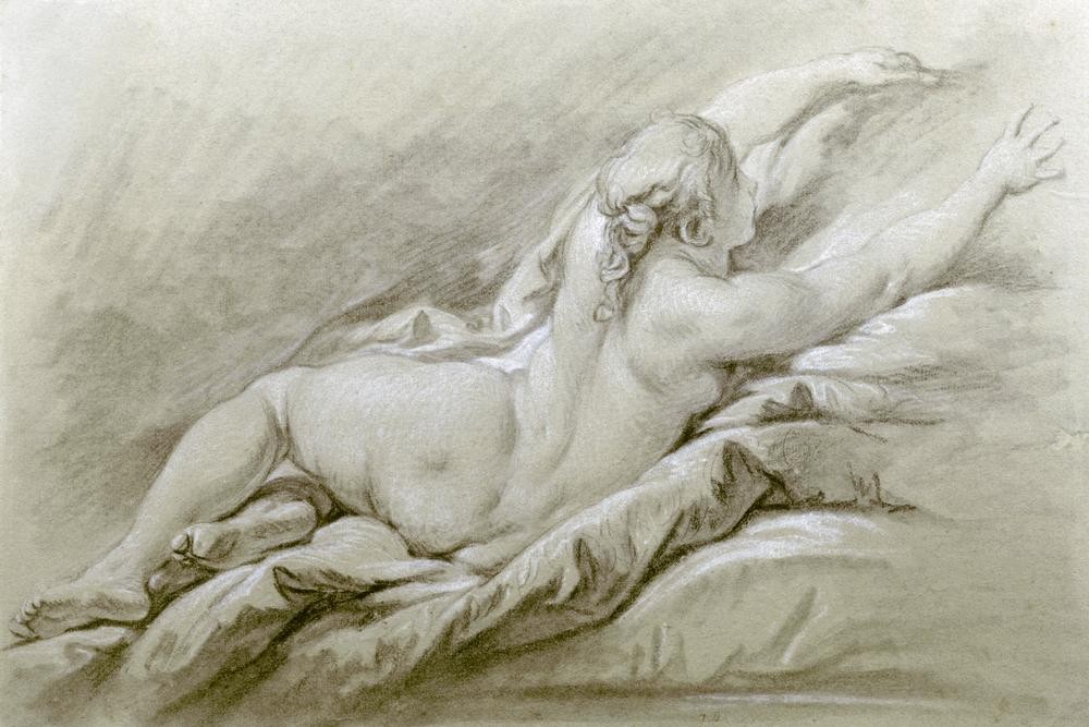 Francois Boucher, Nu couché (Aktmalerei, Erotik, Rückenakt, nackte Frau, Rokoko, Klassiker, Wunschgröße, Wohnzimmer, Schlafzimmer, Malerei, bunt)