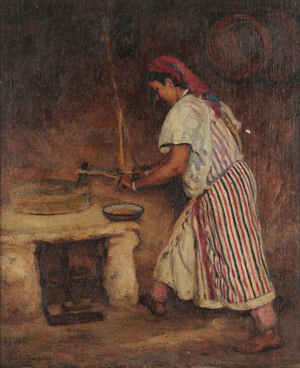 Dario Villares Barbosa, Altertümliche Mühle (Frau, Müllerin, Mühle, Arbeit, Menschen, Mühlstein,  Wunschgröße, Expressionismus, Wohnzimmer)