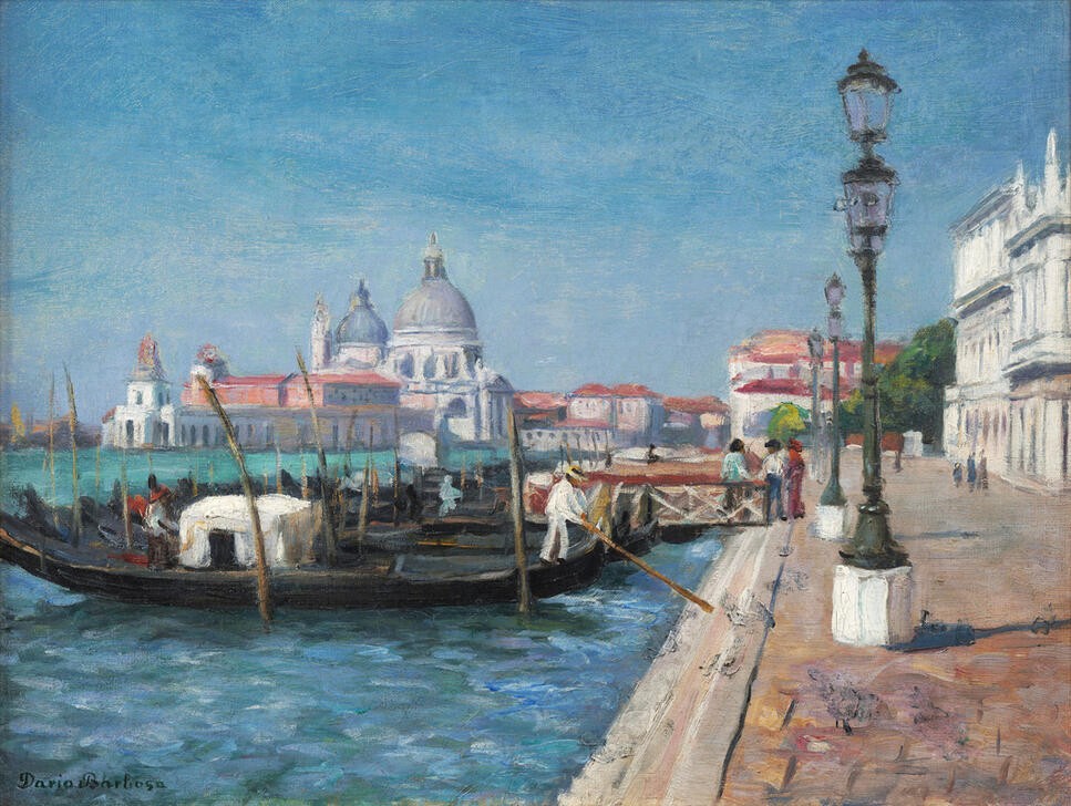 Dario Villares Barbosa, Venedig (Lagune, Venedig, Gondeln, Boote, Vedute, Zoll, Santa Maria della Salute, Stadt, Italien, Wunschgröße, Expressionismus, Wohnzimmer)