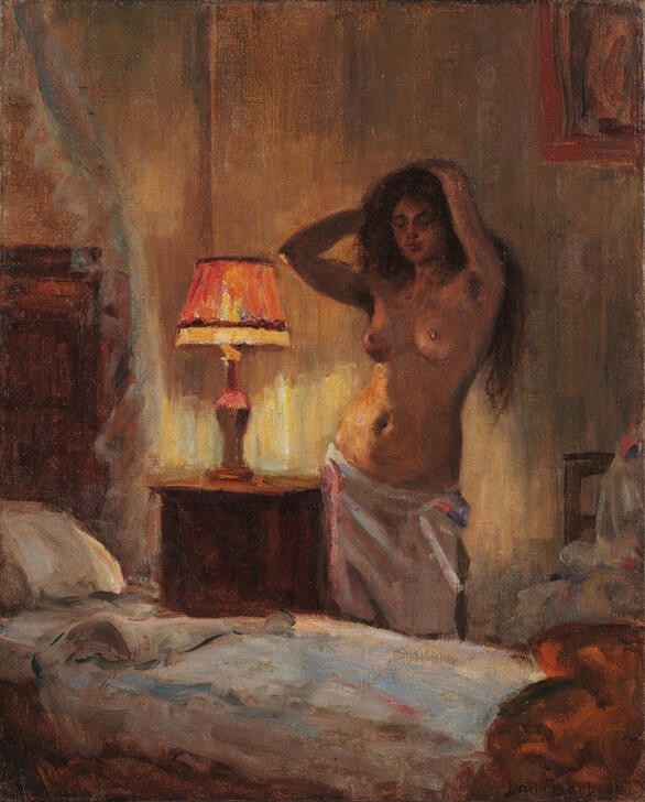 Dario Villares Barbosa, Akt (Studie) (Schlafzimmer, Interieur, Bett, Aktmalerei, junge Frau, nackt, Nachttischlampe,  Wunschgröße, Expressionismus, Wohnzimmer)