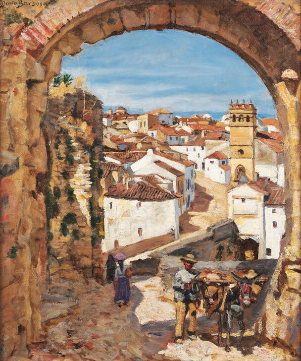 Dario Villares Barbosa, Die Stadt Granada (Torbogen, Durchblick, Stadt, Meer, Spanien, historisch, Architektur, mittelalterlich, Eselkarren,  Wunschgröße, Expressionismus, Wohnzimmer)