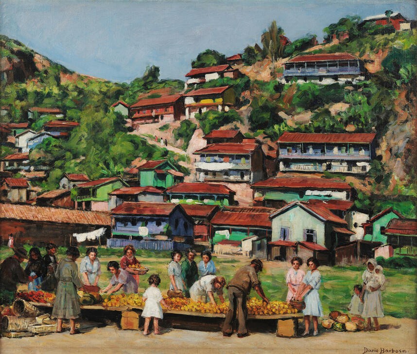 Dario Villares Barbosa, Morro da Penha, Santos (Bergdorf, Dorf, Markt, Menschen, Händler, Obst, Sommer, Wunschgröße, Expressionismus, Wohnzimmer)