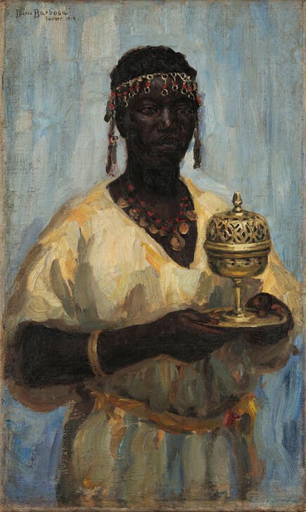 Dario Villares Barbosa, Schwarze Frau mit Räuchergefäß (Frau, dunkelhäutig, Schwarze, Portrait, Schmuck, Tradition, Völkerkunde, Räuchergefäß,   Wunschgröße, Expressionismus, Wohnzimmer)