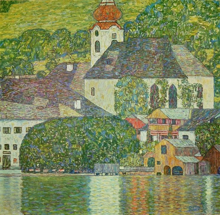 Gustav Klimt, Church in Unterach on Attersee-Lake  (Klassische Moderne,Jugendstil, Österreich, See, Bäume, Architektur, Haus, Spiegelung, bunt, Wohnzimmer, Treppenhaus, Schlafzimmer, Wunschgröße, Malerei)