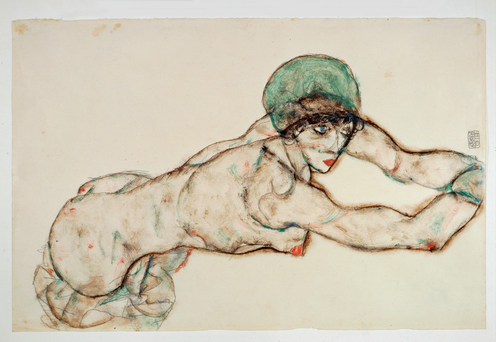 Egon Schiele, Nach rechts liegender Frauenakt mit grüner Haube (Jugendstil,Akt)