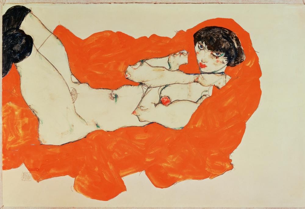 Egon Schiele, Liegender weiblicher Akt auf rotem Tuch (Jugendstil,Akt)
