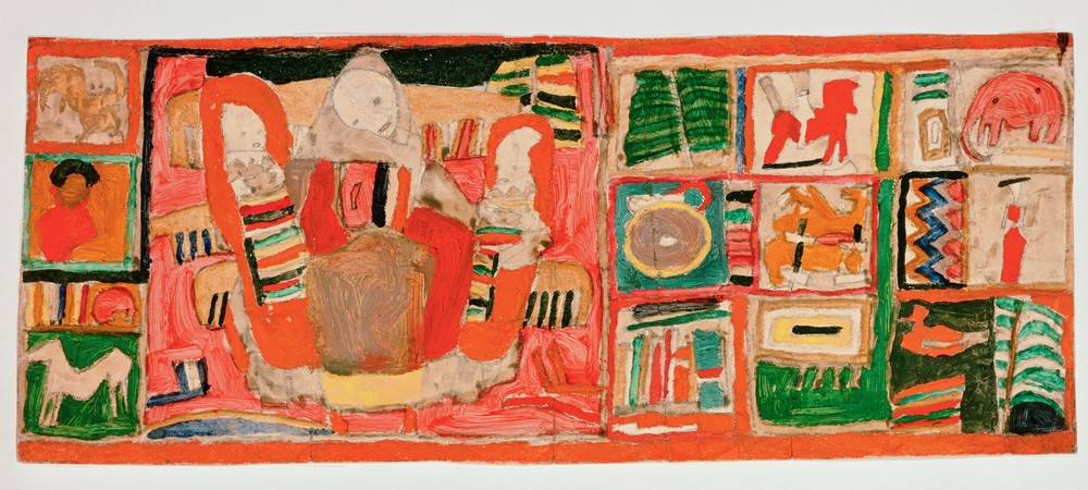 Egon Schiele, Mutter mit Kindern, in den seitlichen Feldern Spielzeug und Ornamente (Jugendstil)