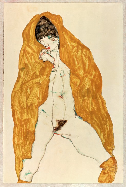Egon Schiele, Stehender Akt mit gespreizten Beinen und gelbbraunem Umhangtuch (Jugendstil,Akt)