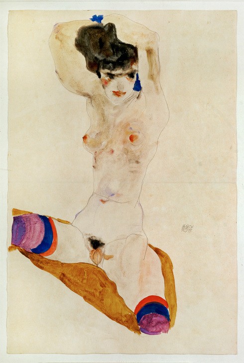 Egon Schiele, Sitzendes nacktes Mädchen mit über dem Kopf verschränkten Armen (Jugendstil,Akt)