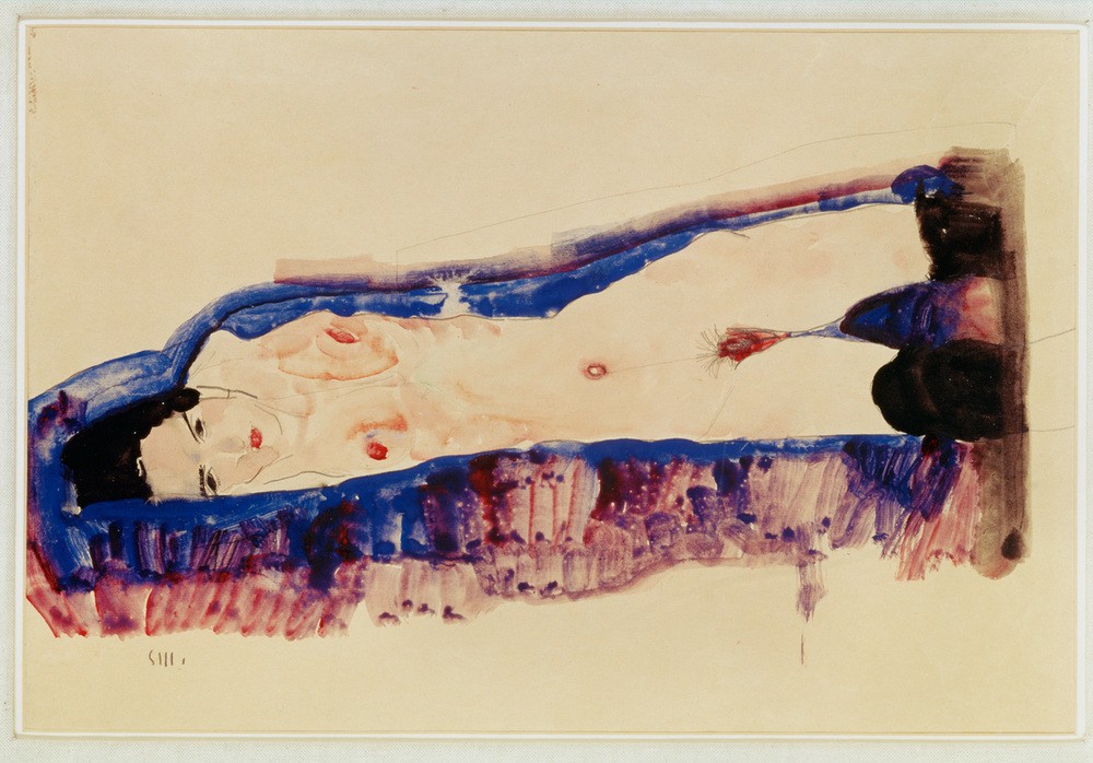 Egon Schiele, Liegender Akt mit schwarzen Struempfen (Jugendstil,Akt)