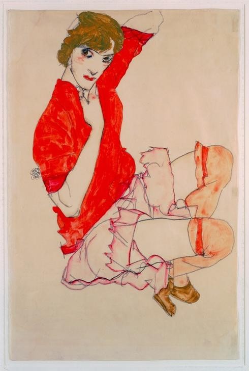 Egon Schiele, Wally in roter Bluse mit erhobenen Knien (Jugendstil,Akt,Portrait)