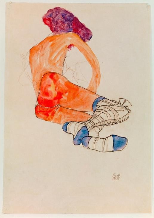 Egon Schiele, Sitzender weiblicher Akt mit blauem Strumpfband, vom Ruecken gesehen (Jugendstil,Akt)