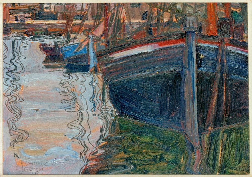 Egon Schiele, Boote, sich im Wasser spiegelnd (Jugendstil)