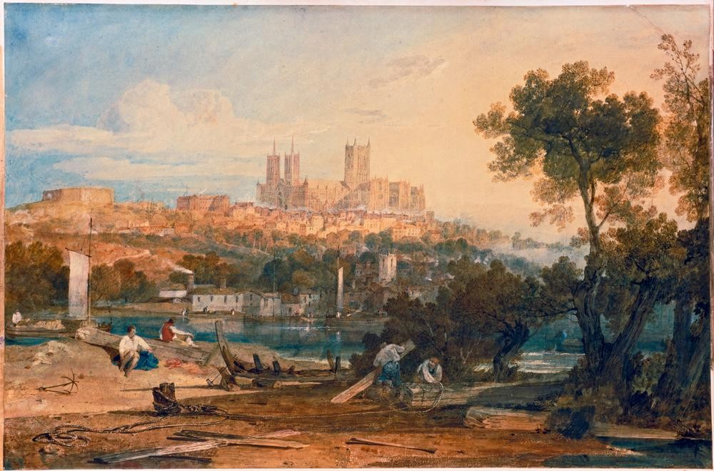 JOSEPH MALLORD WILLIAM TURNER, Lincoln Cathedral from the Holmes, Brayford