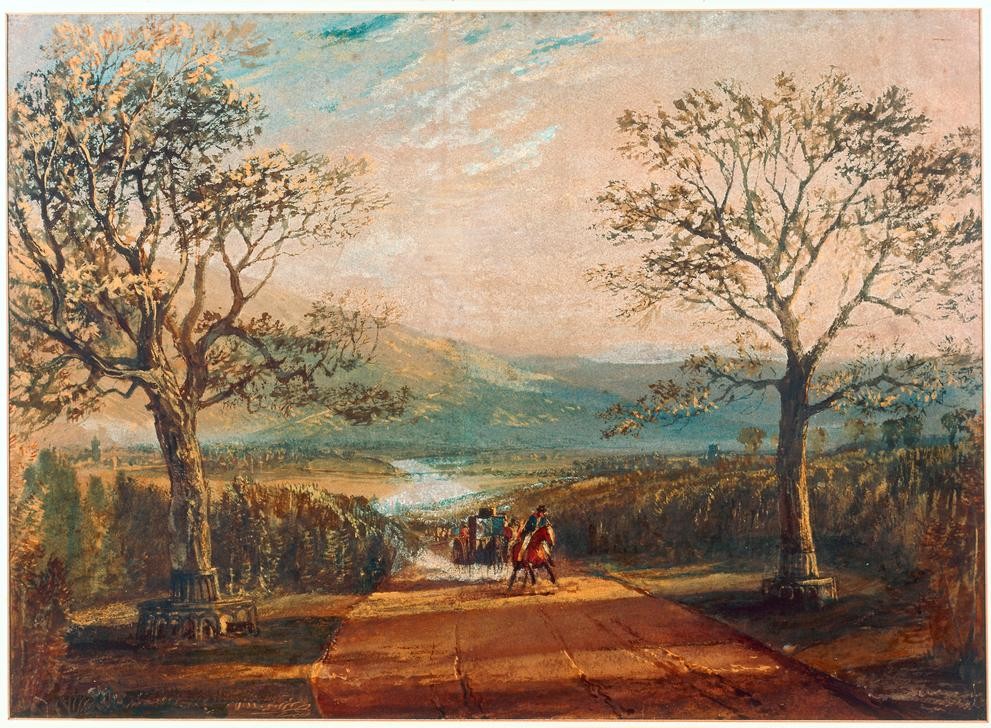 JOSEPH MALLORD WILLIAM TURNER, Coach on road through dale, moors behind (Moor)