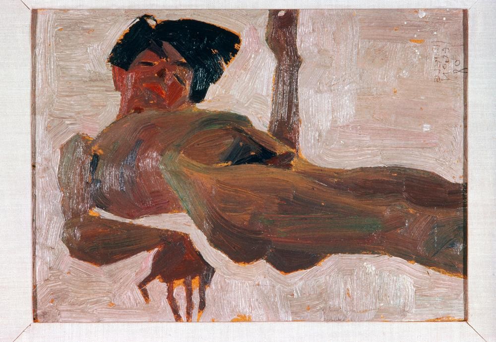 Egon Schiele, Aktstudie (Malerei, Expressionismus, Mann, Akt, nackt, lasziv, Erotik,  Klassische Moderne, Schlafzimmer, Wunschgröße, bunt)