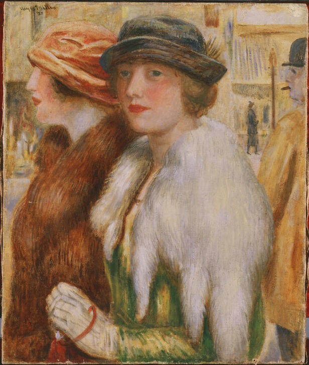 Kenneth Hayes Miller, Die Einkäufer (DAMENHUT, DAMENMODE, FRAU, GESELLSCHAFT, GRUPPENBILD, HANDSCHUH, KUNST, FREIZEIT, PORTRAIT, PELZMANTEL, AMERIKANISCHE KUNST, EINKAUF, IM FREIEN (ALLGEMEIN), PELZKRAGEN, GESCHÄFTSSTRASSE, DAME, US-AMERIKANISCHE KUNST, EINKAUFSBUMMEL, FREUNDIN, ALLTAG)