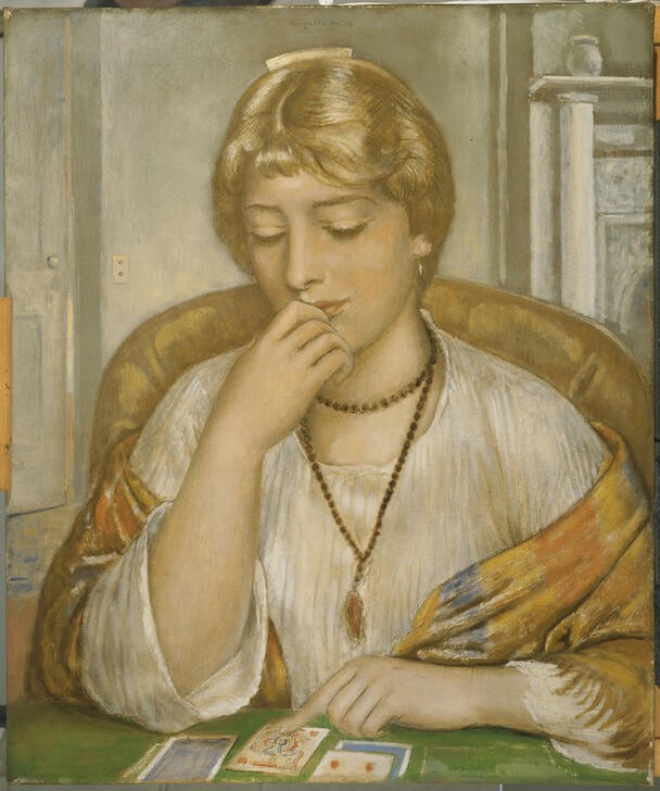 Kenneth Hayes Miller, Konsultieren der Karten (FRAU, KETTE (SCHMUCK), KUNST, WAHRSAGEN, WOHNZIMMER, KARTENLEGEN, TISCH, PORTRAIT, NACHDENKEN, HALSKETTE, INTERIEUR, SCHULTERTUCH, AMERIKANISCHE KUNST, US-AMERIKANISCHE KUNST, BLONDE HAARE, SPIELKARTEN, SITZEN, ZUKUNFT, JUNGE FRAU)