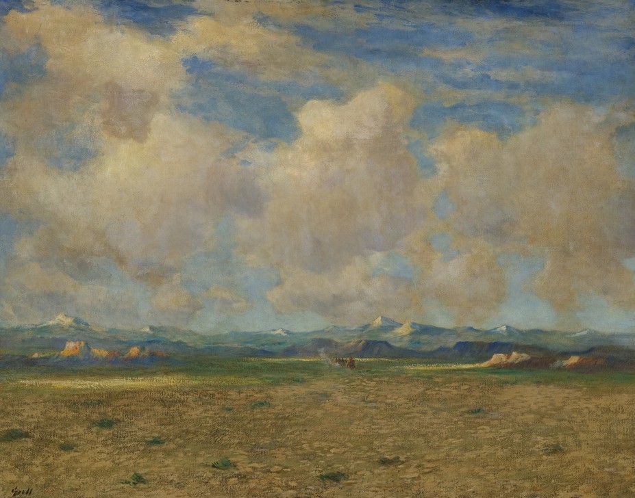 Albert Lorey Groll, Gemalte Wüste – Arizona (Landschaft, Landschaftsmalerei, Panorama, Berge, Wolken, Steppe, Reiter, Amerika, Wunschgröße, Wohnzimmer)
