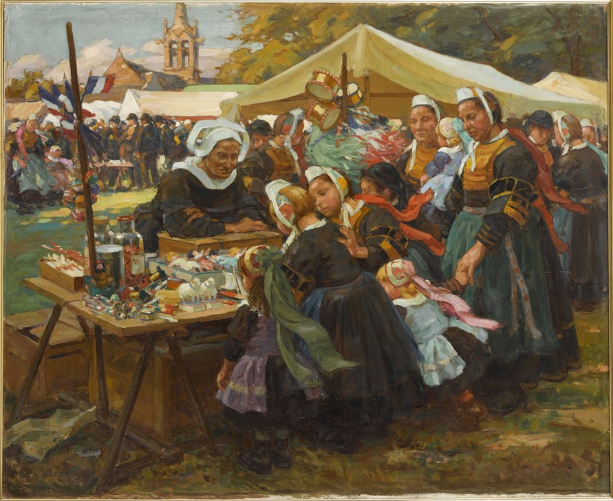 Charles Leon Godeby, Die  Spielzeughändlerin (Markt, Menschenmenge, Händler, Verkäuferin, Spielzeug, Kinder, Trachten, Frankreich, Flaggen, Nostalgie, Wunschgröße, Impressionismus, Wohnzimmer)