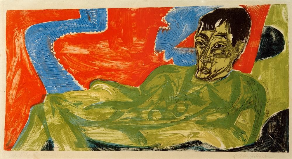 Ernst Ludwig Kirchner, Porträt Otto Mueller (Deutsche Kunst,Grafiker,Künstler,Kunst,Maler (Künstler),Mann,Portrait,Expressionismus,Die Brücke,Liegen,Kniestück,Person,Farbigkeit)