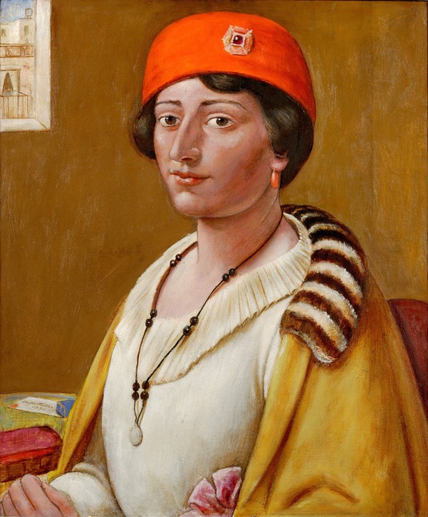Kenneth Hayes Miller, Roter Turban (DAMENHUT, FRAU, KÜNSTLERIN, KUNST, MALERIN, MANTEL, SCHMUCK, OHRRING, PORTRAIT, HALSKETTE, INTERIEUR, AMERIKANISCHE KUNST, PELZKRAGEN, DAME, US-AMERIKANISCHE KUNST, BLICK AUS DEM BILD)