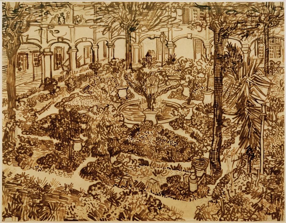 Vincent van Gogh, Garten des Hospitals (Garten und Park, Krankenhaus, Hausgarten, Springbrunnen, Hospital, Zeichnung, Studie Klassische Moderne, Impressionismus, Wohnzimmer, Treppenhaus, Wunschgröße,)