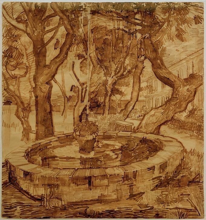 Vincent van Gogh, Springbrunnen im Garten der Heilanstalt (Garten und Park, Krankenhaus, Hausgarten, Springbrunnen, Hospital, Zeichnung, Studie Klassische Moderne, Impressionismus, Wohnzimmer, Treppenhaus, Wunschgröße,)