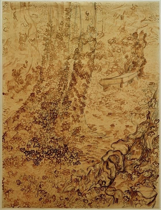 Vincent van Gogh, Bäume mit Efeu im Garten der Heilanstalt (Garten und Park, Krankenhaus, Hausgarten, Hospital, Bäume, Zeichnung, Studie, Klassische Moderne, Impressionismus, Wohnzimmer, Treppenhaus, Wunschgröße,)